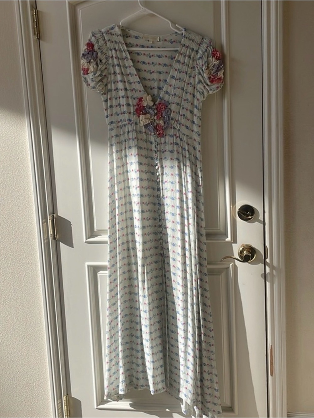LoveShackFancy Floral Appliqué V-Neck Maxi Dress in White with Pastel Flowers - Picture 4 of 5